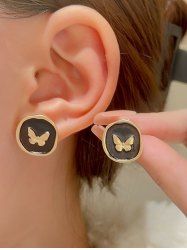 Boucles D'Oreilles en Forme de Papillon en Relief Style Vintage - Noir 