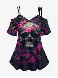 Gothic Skull Flower Print Cold Shoulder T-shirt -  