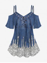 T-shirt 3D Jean Imprimé à Epaule Dénudée de Grande Taille à Paillettes - Bleu S | US 8