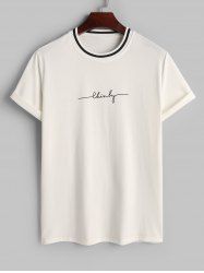 Letter Print Contrast Striped Collar T Shirt -  