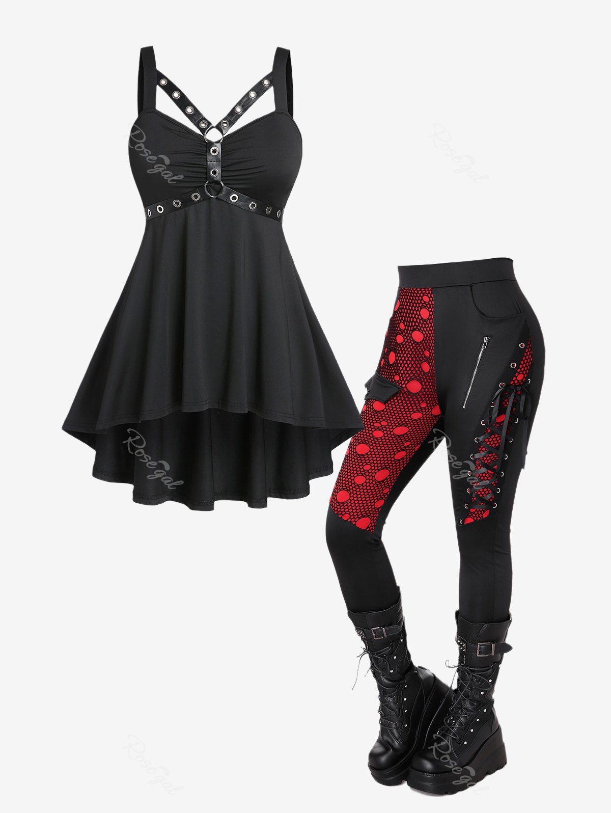 Shop Gothic Harness High Low Tank Top and Mesh Overlay Lace-up Zippered Skinny Pants Outfit  
