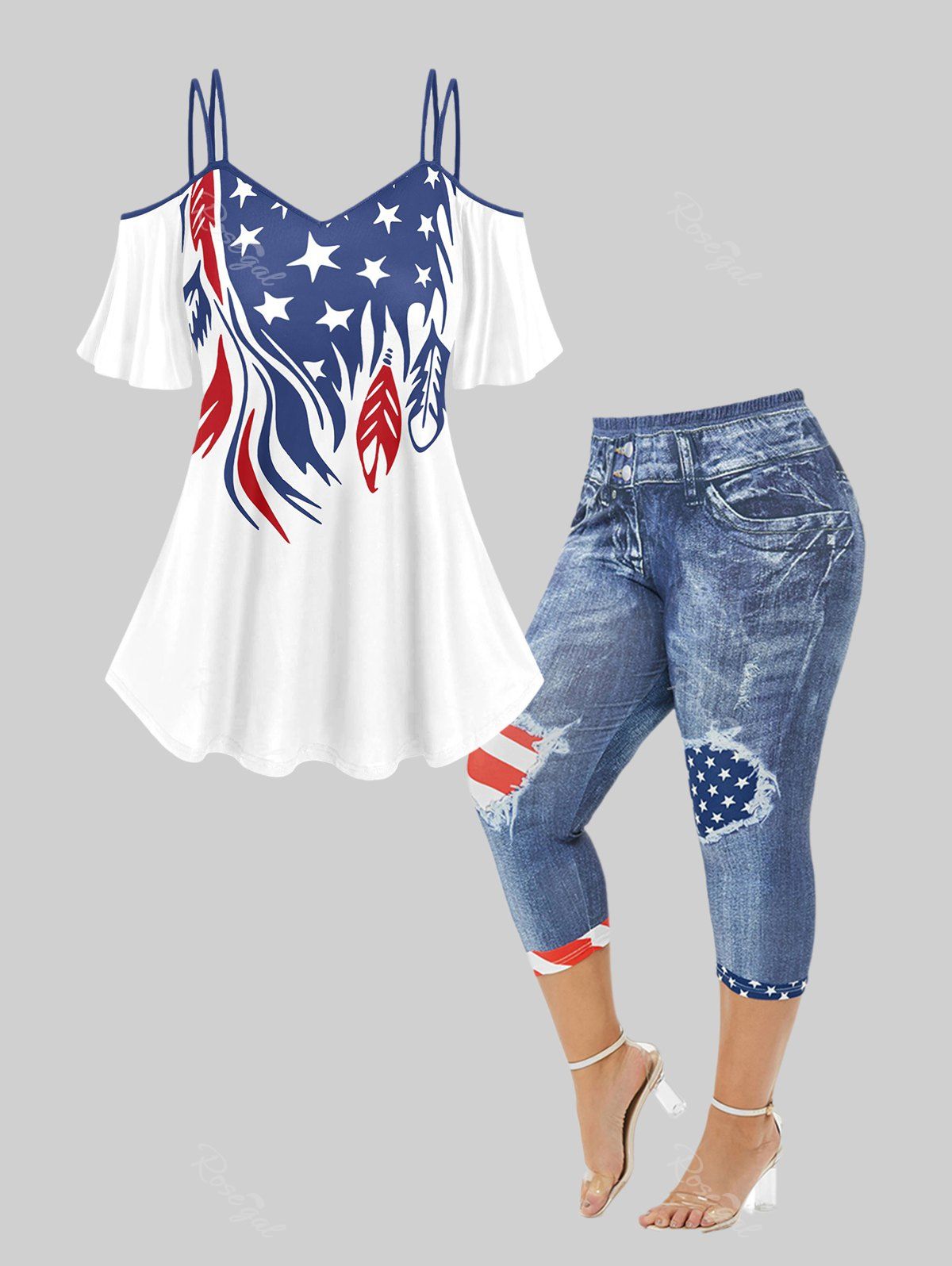Chic Plus Size Patriotic American Flag Printed Cold Shoulder Tee and American Flag 3D Printed Skinny Capri Plus Size Jeggings Outfit Bundle  