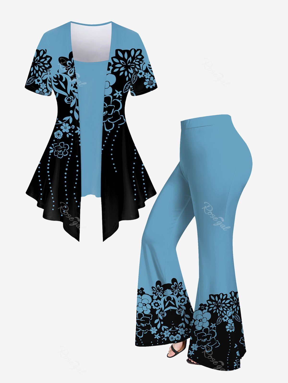 Latest Floral Print 2 In 1 Top and Bell Bottom Pants Plus Size Matching Set  