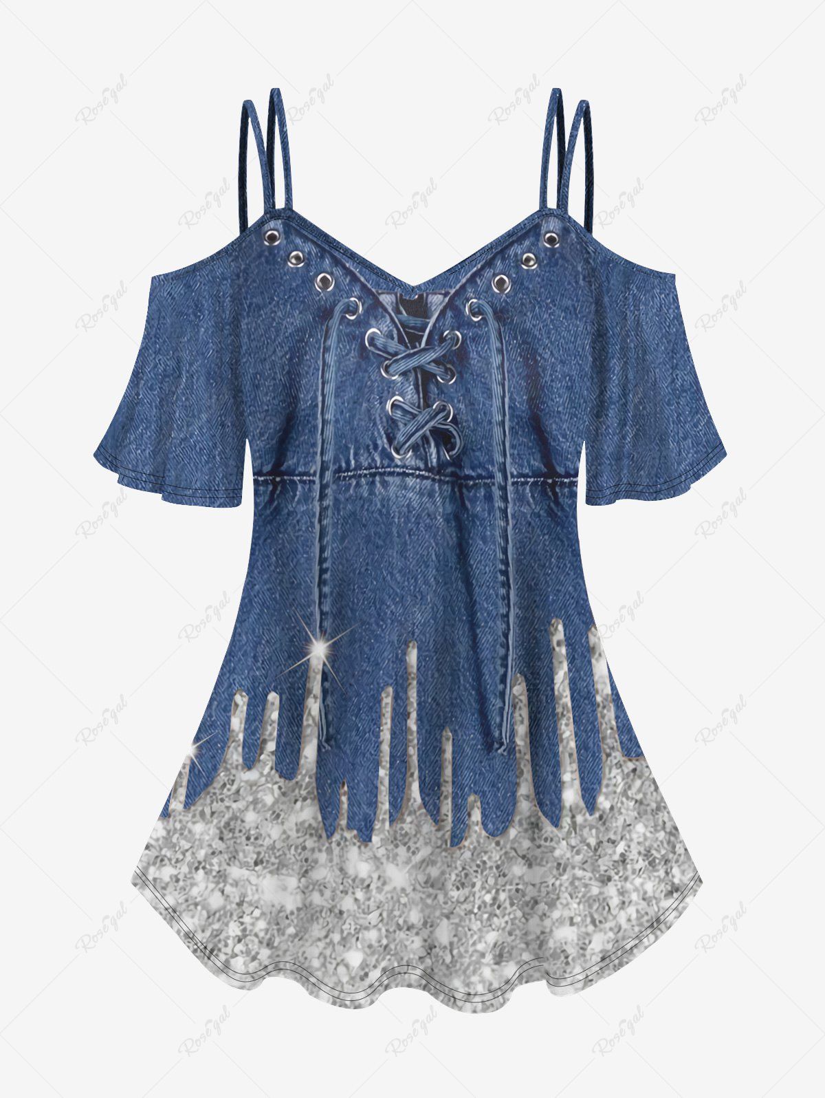 T-shirt 3D Jean Imprimé à Epaule Dénudée de Grande Taille à Paillettes Bleu S | US 8