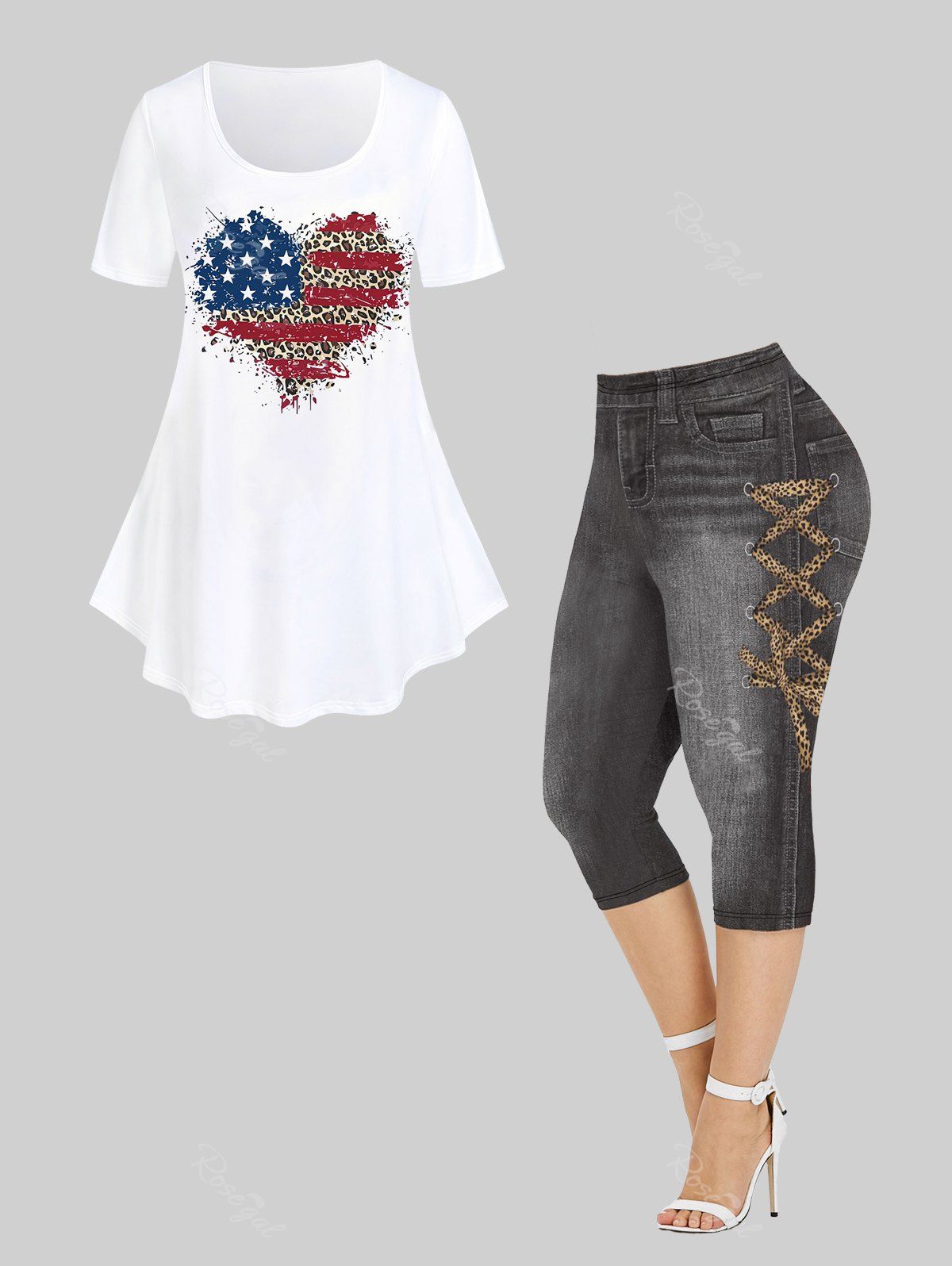 Sale American Flag Leopard Heart Printed Patriotic Top and 3D Leopard Lace-up Jeans Printed Capri Jeggings Plus Size Outfits  