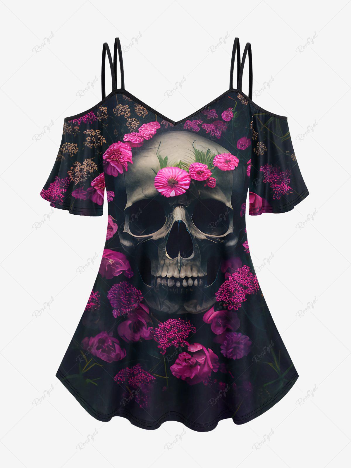 T-shirt Gothique Fleur Crâne Imprimée à Epaule Dénudée Noir 1X | US 14-16