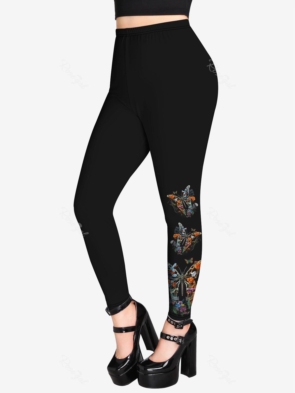 Fashion Gothic Butterfly Skull Floral Print Leggings  
