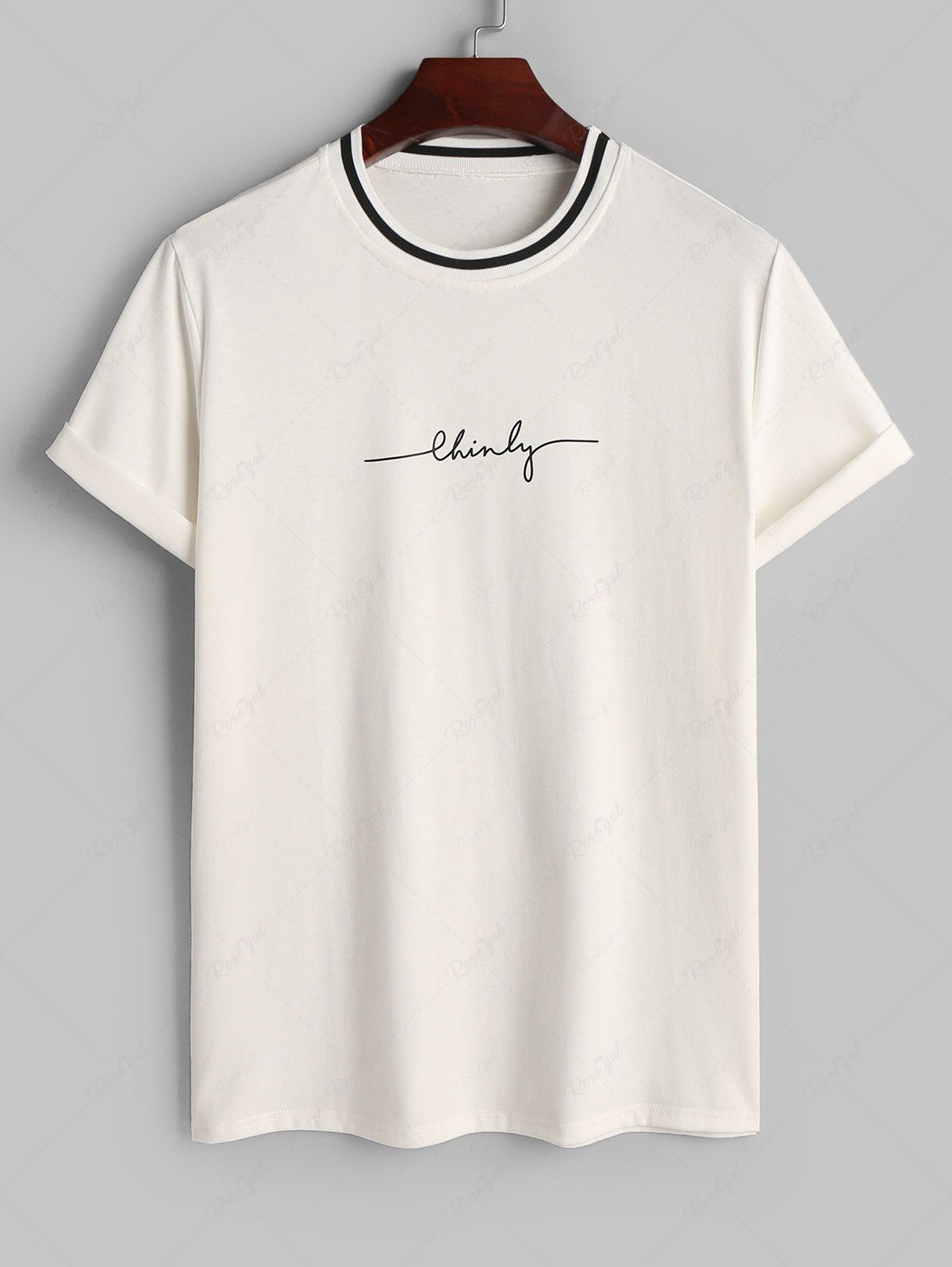 Store Letter Print Contrast Striped Collar T Shirt  