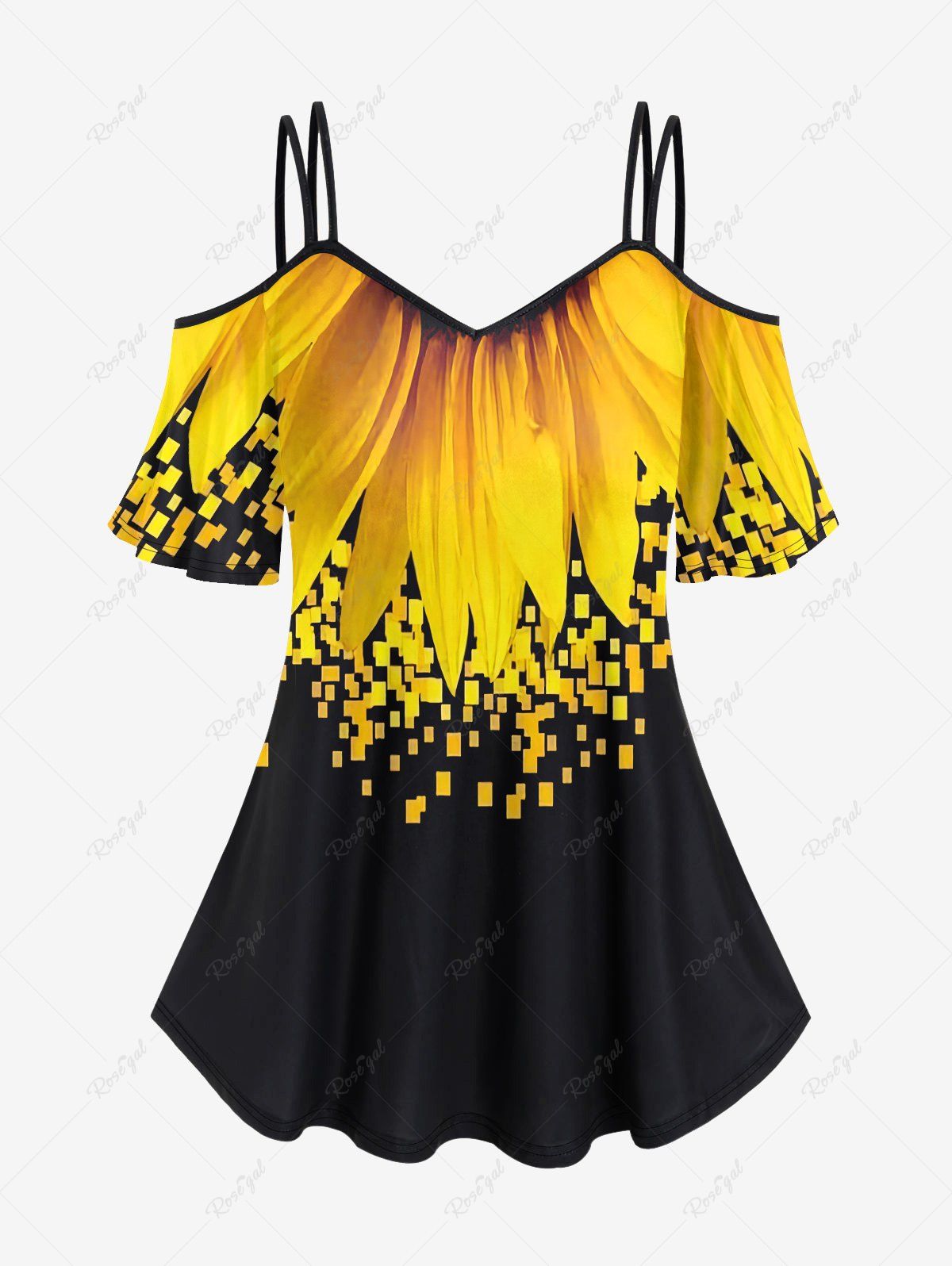 Sale Plus Size 3D Leaves And Colorblocks Printed Strap Off Shoulder Tee  