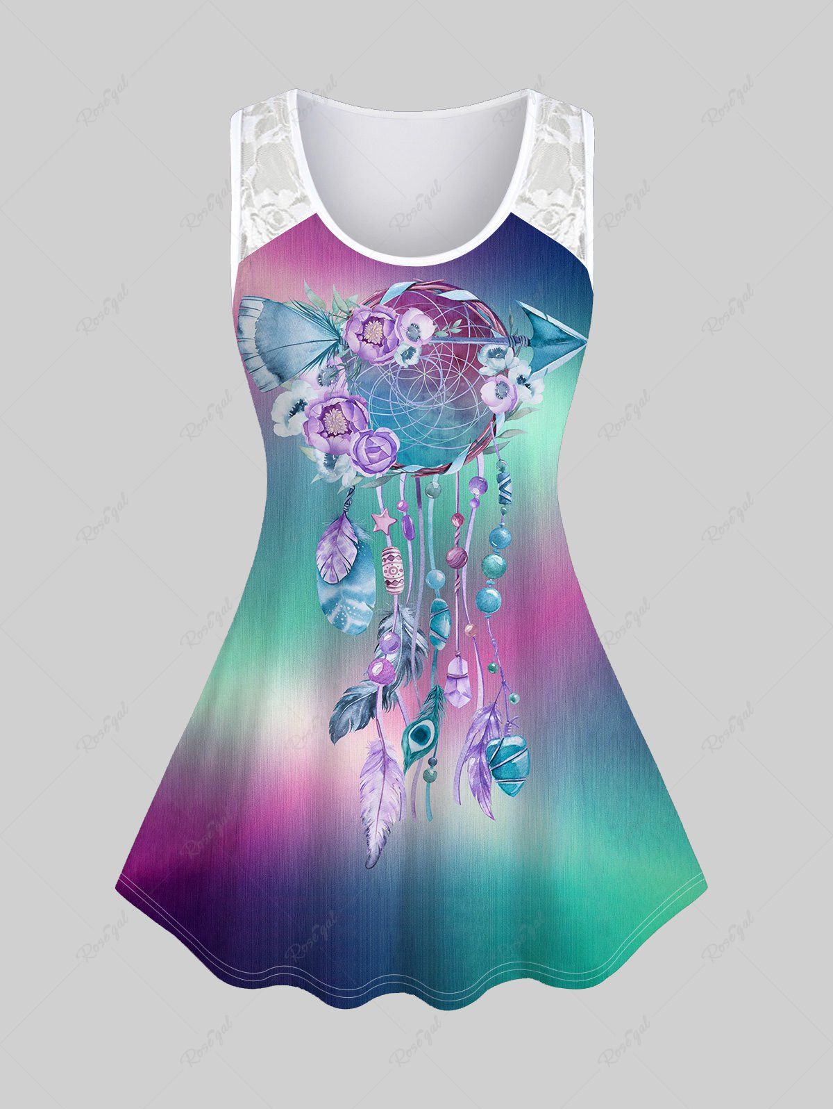 Fancy Plus Size Lace Panel Dreamcatcher Flower Printed Ombre Tank Top  