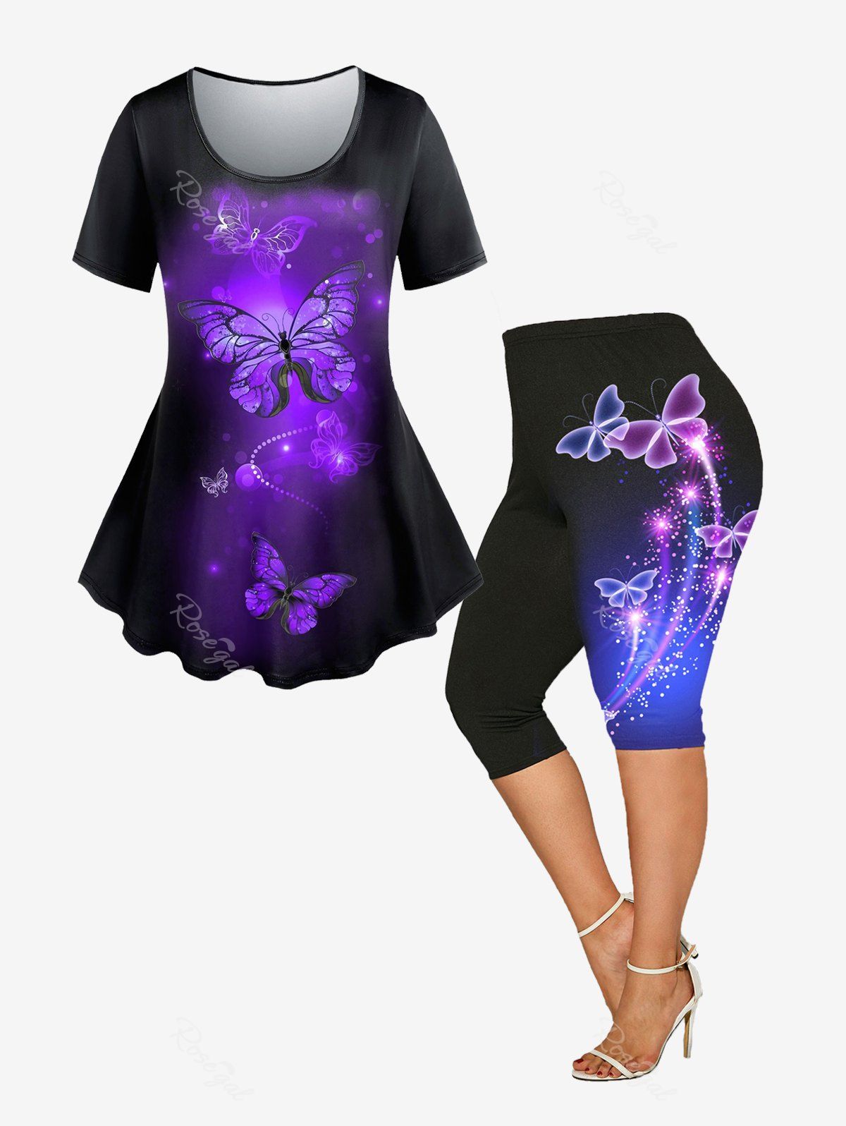 Chic 3D Sparkles Butterfly Printed Short Sleeves Tee and Leggings Plus Size Summer Outfit  