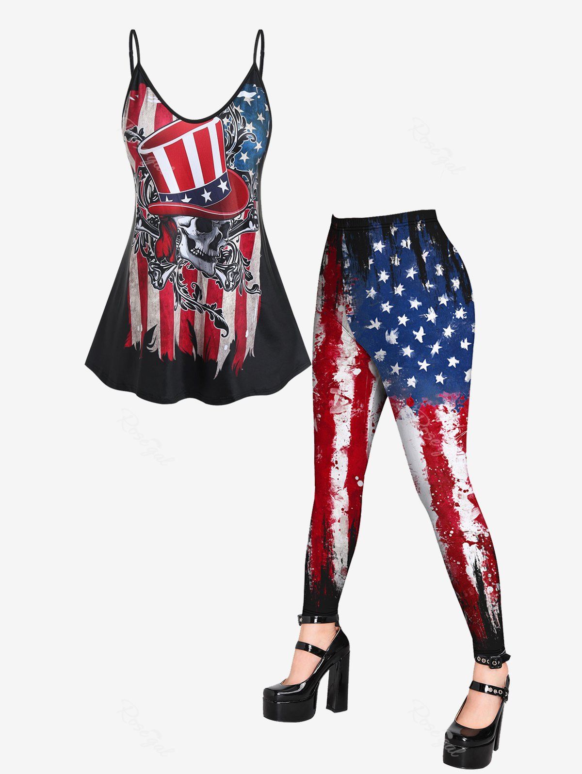 Shops Plus Size Skull American Flag Print Gothic Cami Top And Plus Size 3D American Flag Printed Leggings Gothic Outfit  