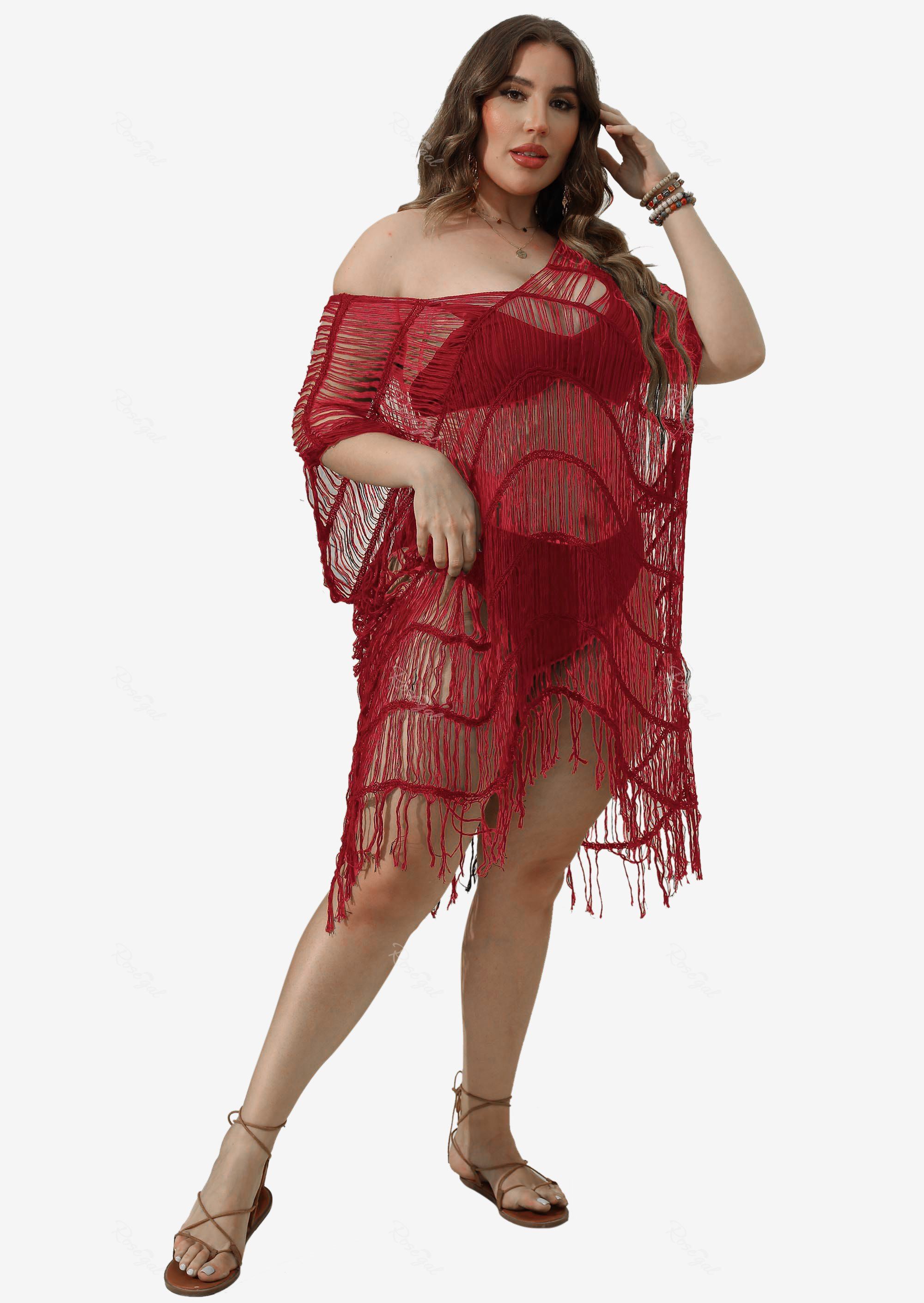 Online Plus Size See Thru Tassel Crochet Cover Up Dress  