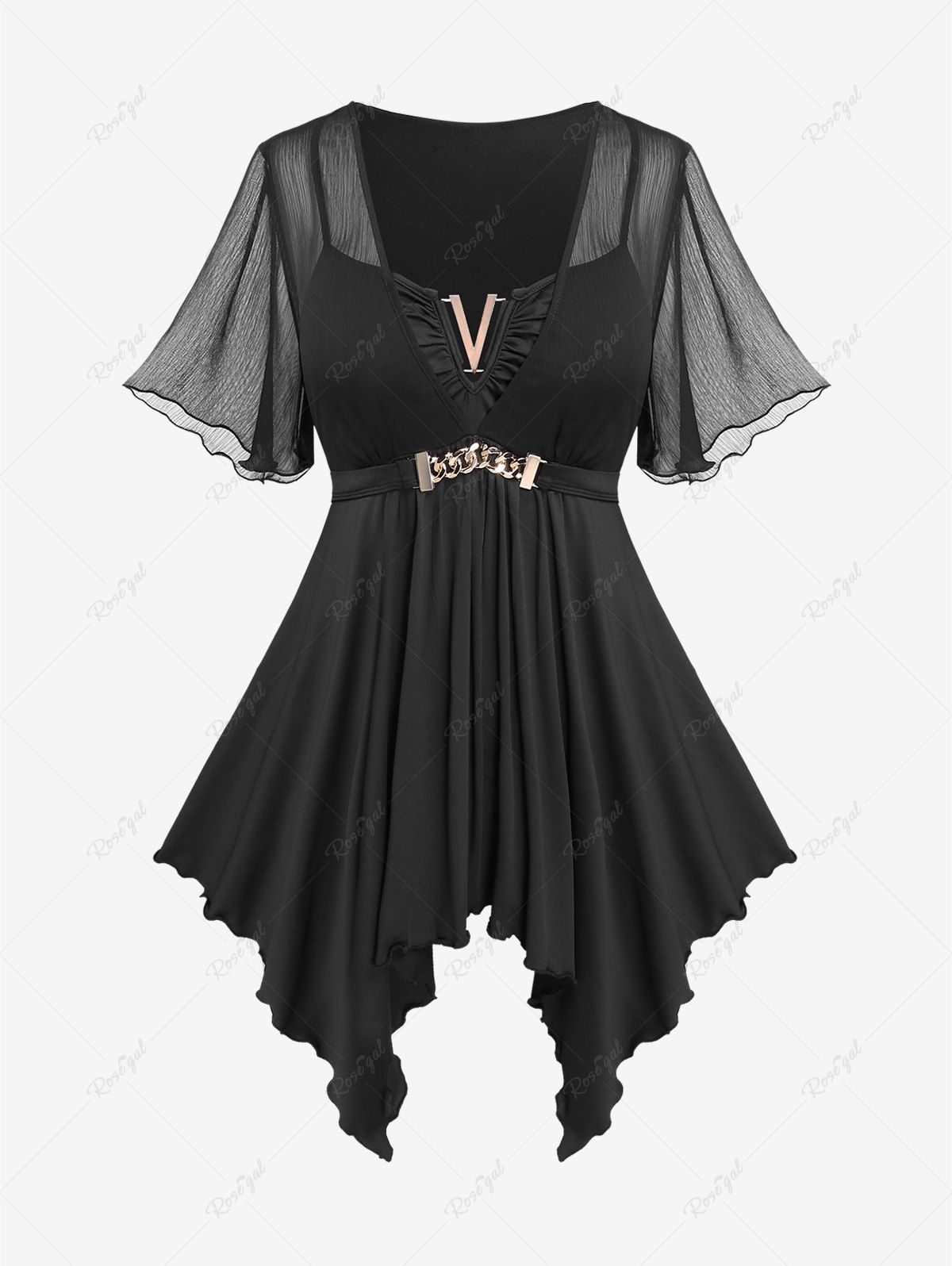 T-shirt Mouchoir Panneau en Maille à Ourlet en Laitue de Grande Taille Noir M | US 10