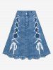 3D Checkered Jeans And Figure Print T-Shirt and 3D Jeans Lace Up Print Skirt Plus Size Outfit -  