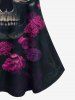 T-shirt Gothique Fleur Crâne Imprimée à Epaule Dénudée - Noir 1X | US 14-16