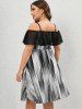 Plus Size Pinstripes Printed Flounce Cold Shoulder A Line Dress -  