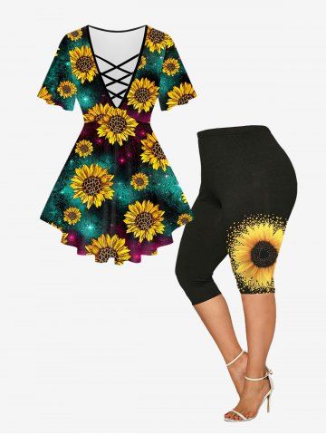 Plus Size Sunflower Galaxy Printed Crisscross Tee and Sunflower Print High Waist Capri Leggings Outfit