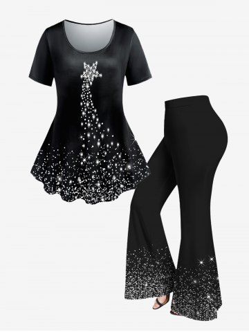 Plus Size Light Beam And Sparkling Star Print Short Sleeve T-Shirt and 3D Light Beam Print Flare Pants Outfit - BLACK