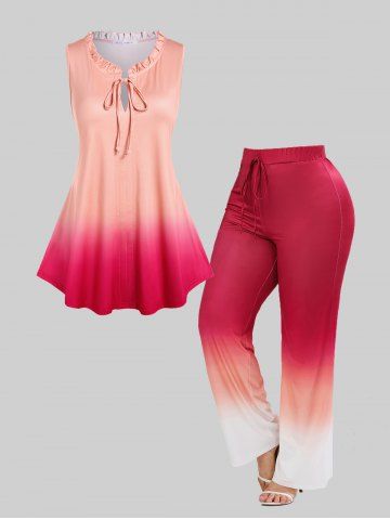 Ruffles Collar Tie Ombre Tank Top and Pull On Wide Leg Pants Plus Size Summer Outfit