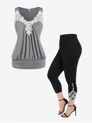 Lace Applique Ruched Blouson Top and Capri Leggings Plus Size Summer Outfit - LIGHT GRAY