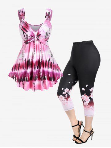 O-ring Knot Tie Dye Tank Top and Floral Ombre Capri Leggings Plus Size Summer Outfit - LIGHT PINK