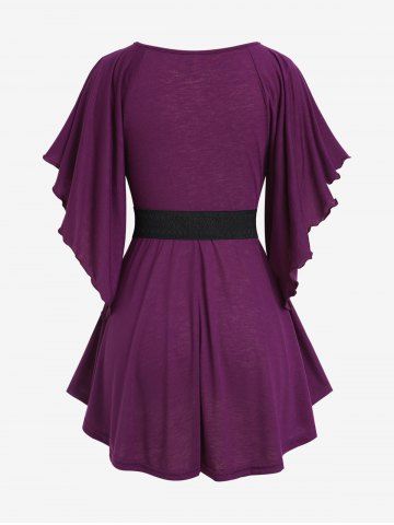 Chain Panel Butterfly Sleeve Surplice Top and Hollow Out Skinny Leggings Plus Size Outfit