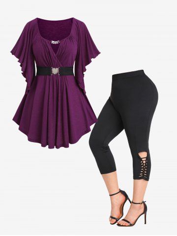 Chain Panel Butterfly Sleeve Surplice Top and Hollow Out Skinny Leggings Plus Size Outfit - CONCORD