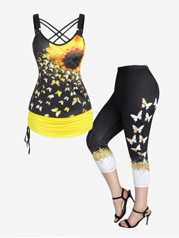 Sunflower Butterfly Cinched Ruched Strappy Top and Capri Leggings Plus Size Summer Outfit