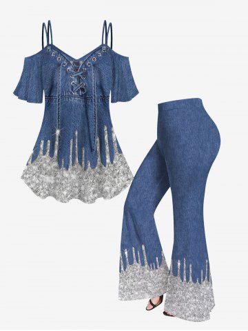 Cold Shoulder 3D Lace Up Jeans And Glitter Printed T-Shirt and Flare Pants Plus Size Matching Set