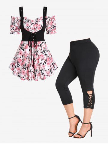 Cold Shoulder Lace-up Ruffles Floral 2 in 1 Corset Tee and Capri Braided Leggings Plus Size Outfits