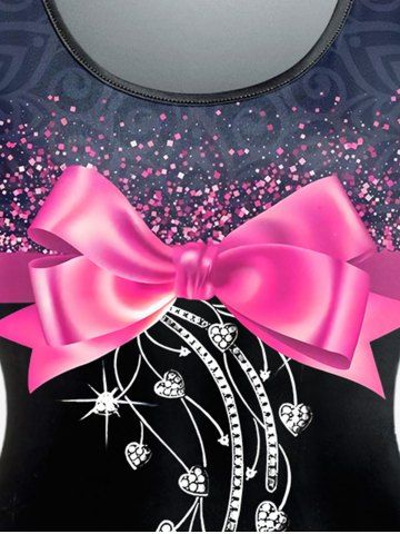 Plus Size 3D Bowknot Sparkling Sequin Flower And Heart-Shape Chain Print Short Sleeve Tee