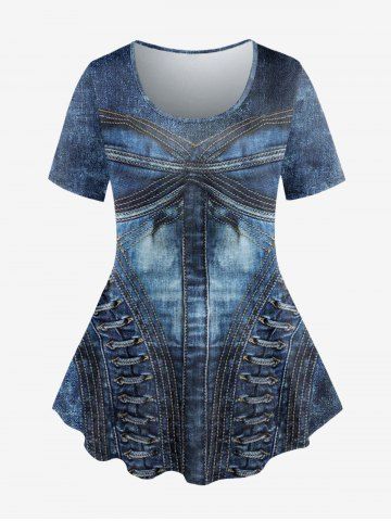 T-shirt 3D Jean Imprimé de Grande Taille - DEEP BLUE - 5X | US 30-32