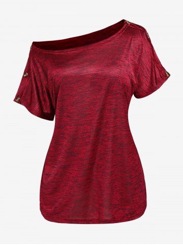 T-shirt Teinté avec Bouton de Grande Taille à Col Oblique - DEEP RED - M