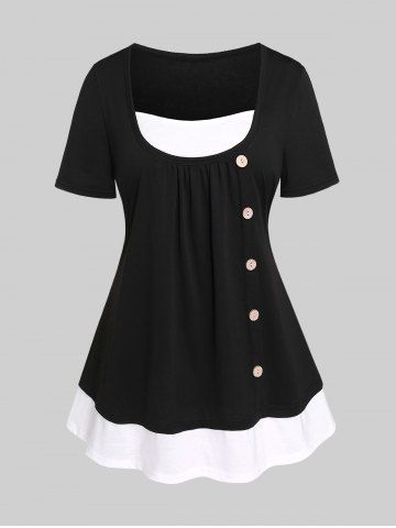 Camiseta Dos Tonos Botón Abotonado Tamaño Grande - BLACK - S