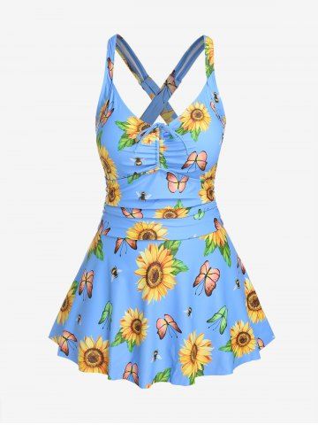 Plus Size Sunflower Butterfly Cinched Ruched Boyleg Tankini Swimsuit - LIGHT BLUE - M | US 10