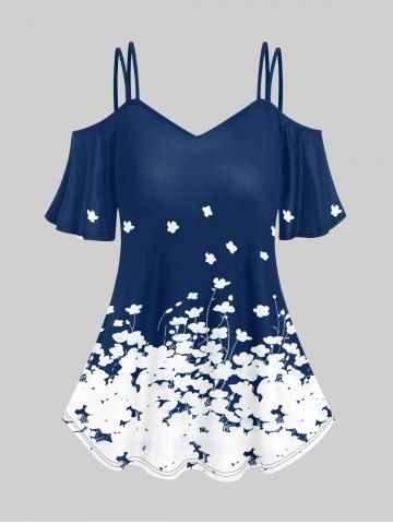 Plus Size Floral Cold Shoulder T-shirt - DEEP BLUE - 4X | US 26-28