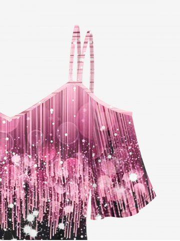 Plus Size 3D Sparkling Sequin Light Beam And Bubbles Print Cold Shoulder Tee