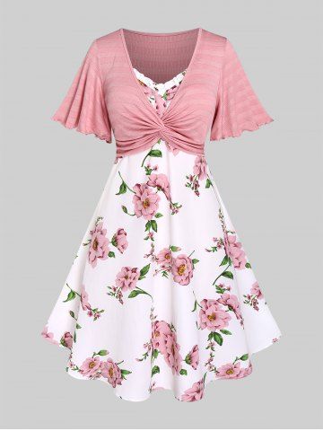 Plus Size Twisted Plunging Crop Top and 3D Flower Print Spaghetti Strap Dress - LIGHT PINK - 1X | US 14-16