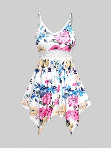 Plus Size Lace Panel High Waisted Backless Handkerchief Floral Tank Top - MULTI-A - M | US 10