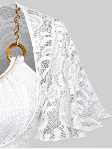 Plus Size Chain Decor Lace Panel Textured 2 In 1 Top