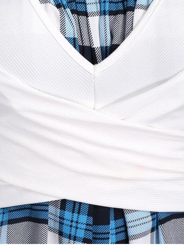 Plus Size Chain Lettuce Ribbed Crossover Cropped Tee and Plaid Cami Top Set