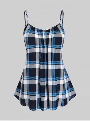 Plus Size Chain Lettuce Ribbed Crossover Cropped Tee and Plaid Cami Top Set