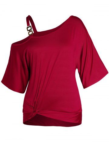 Plus Size Solid Color Skew Collar Twist Front T-shirt - RED - 4X