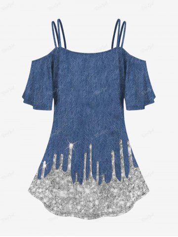 Cold Shoulder 3D Lace Up Jeans And Glitter Printed T-Shirt and Flare Pants Plus Size 70s 80s Outfit