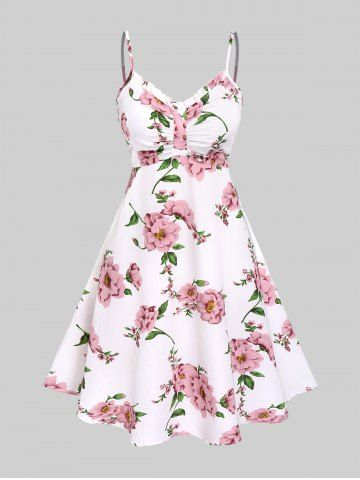 Plus Size Twisted Plunging Crop Top and 3D Flower Print Spaghetti Strap Cottagecore Dress