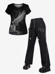 Gothic Beauty Wing Print T-shirt And Gothic Hook and Eye Lace-up Zippered Chain Embellish Straight Pants Gothic Outfit -  