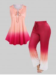 Ruffles Collar Tie Ombre Tank Top and Pull On Wide Leg Pants Plus Size Summer Outfit -  