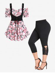 Cold Shoulder Lace-up Ruffles Floral 2 in 1 Corset Tee and Capri Braided Leggings Plus Size Outfits -  