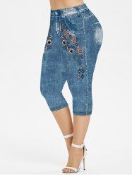 Plus Size 3D Jeans Geo Flower Printed Capri Leggings -  